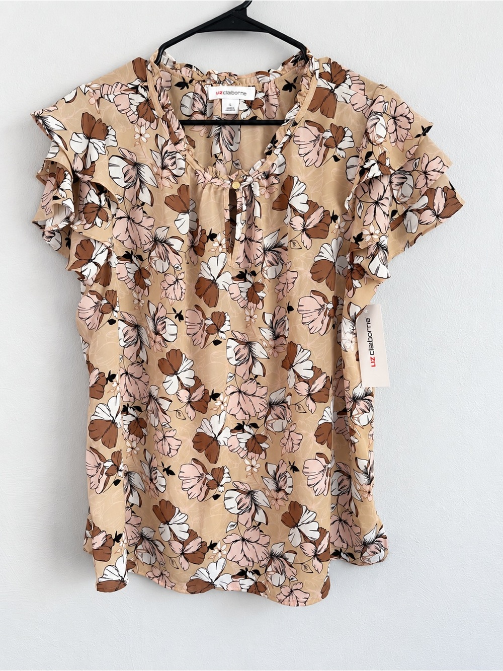 Liz Claiborne Beige Floral Ruffle Sleeve Blouse